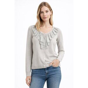 Halogen Light Gray Ruffle Button Front Cotton Cardigan Sweater M